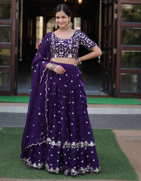 sophisticated wine faux blooming georgette traditional wear women's heavy lehenga choli collection with wine faux blooming georgette rt8922-184858 Front View