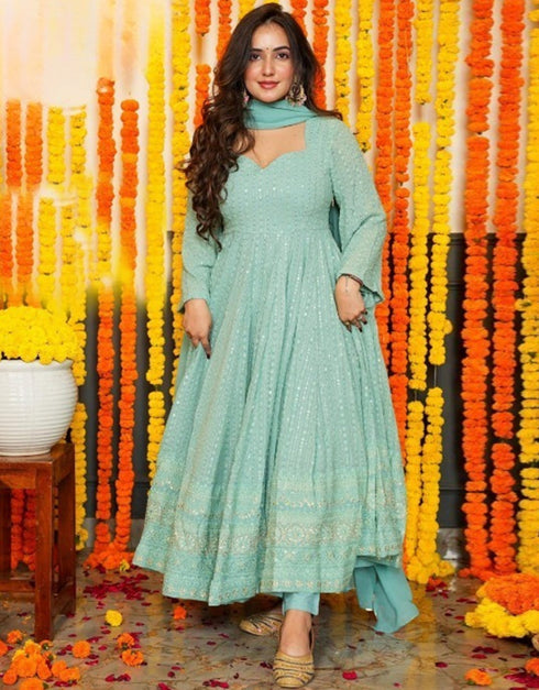 stylish sky heavy muslin classy designer function wear readymade anarkali suit collection with sky heavy muslin rt8931-184886 Front View