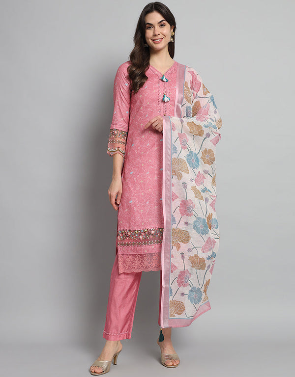 trendy pink linen cotton trendy fashioner linen cotton readymade suit collection with pink rayon rt8932-184888 Front View