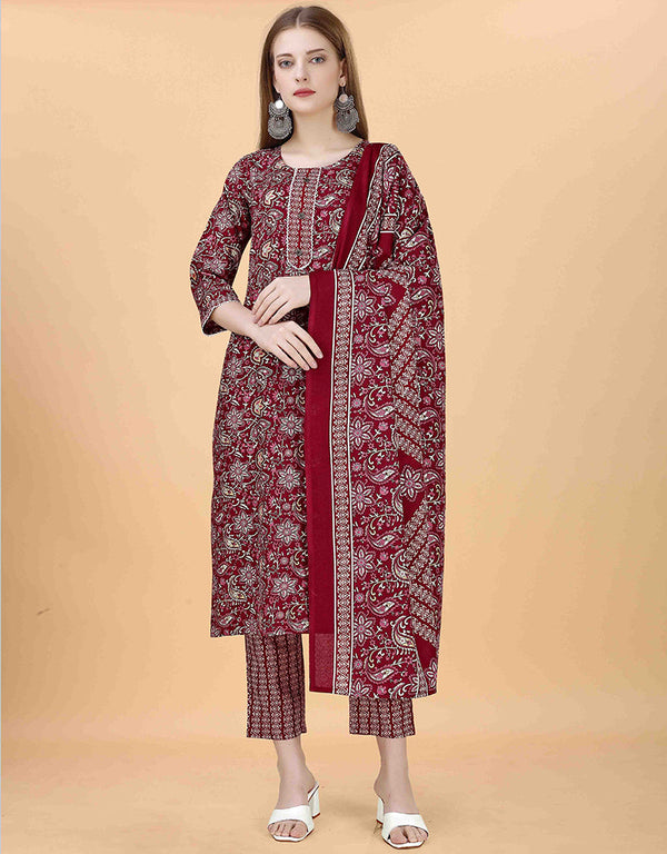 fashionable maroon cotton blend trendy fashioner cotton blend readymade suit collection with maroon cotton blend rt8933-184890 Front View