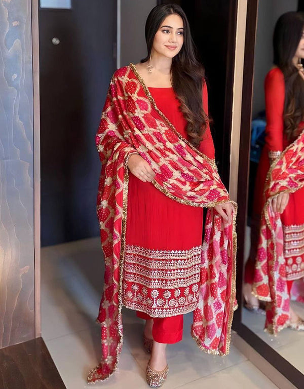 sophisticated red heavy faux georgette trendy fashioner heavy faux georgette blend readymade suit collection with red heavy micro cotton rt8934-184893 Front View