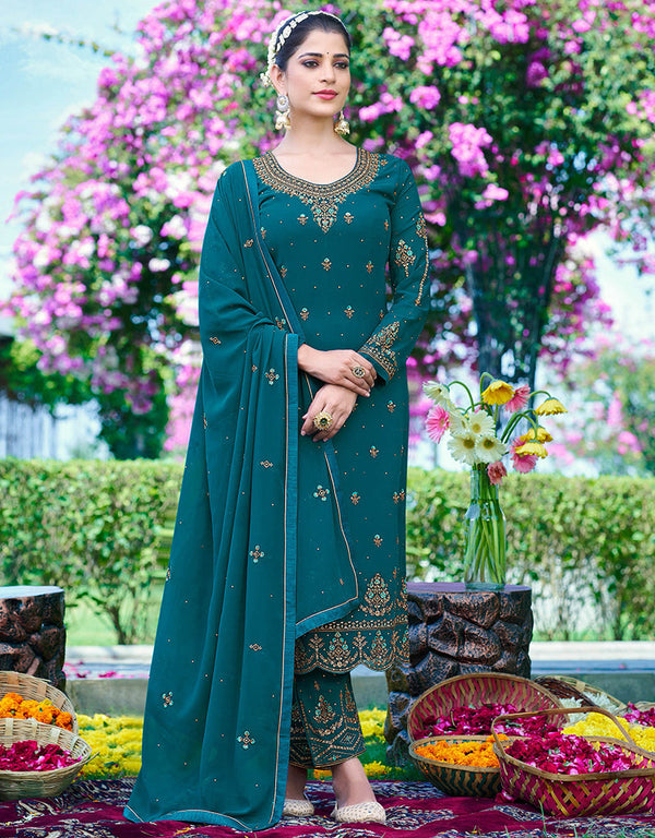 fashionable teal georgette designer party wear heavy salwar suit collection with teal santoon rt8948-184957 Front View