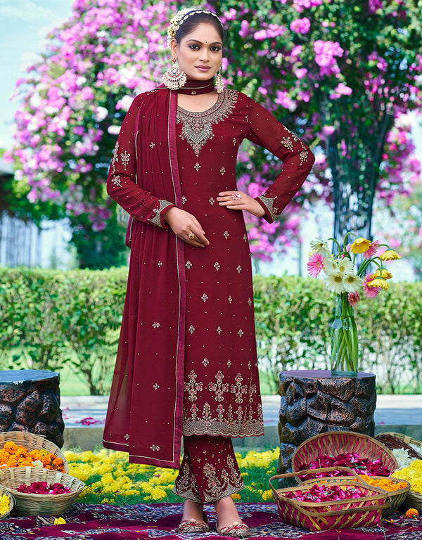 sleek maroon georgette designer party wear heavy salwar suit collection with maroon santoon rt8948-184958 Front View