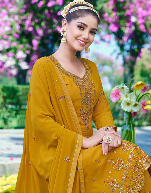 contemporary mustard georgette designer party wear heavy salwar suit collection with mustard santoon rt8948-184962 Back View