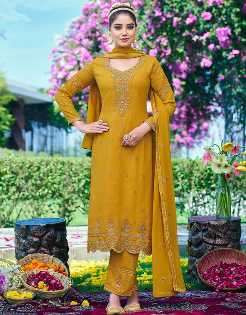 contemporary mustard georgette designer party wear heavy salwar suit collection with mustard santoon rt8948-184962 Front View