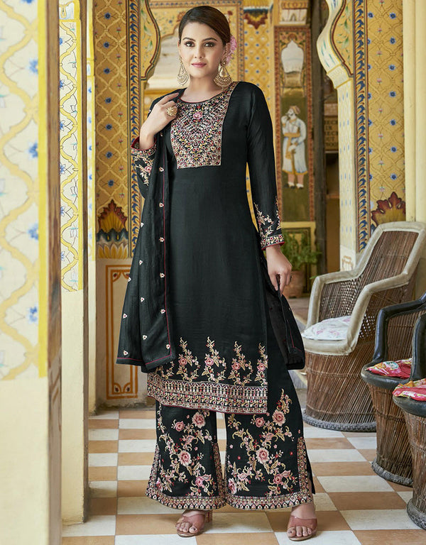 trendy black real premium silk designer party wear heavy salwar suit collection with black real premium silk rt8950-184976 Front View