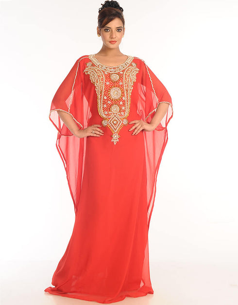 Dubai Red Georgette Hand Embroidery Party Wear Kaftan