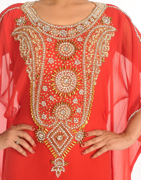 Dubai Red Georgette Hand Embroidery Party Wear Kaftan