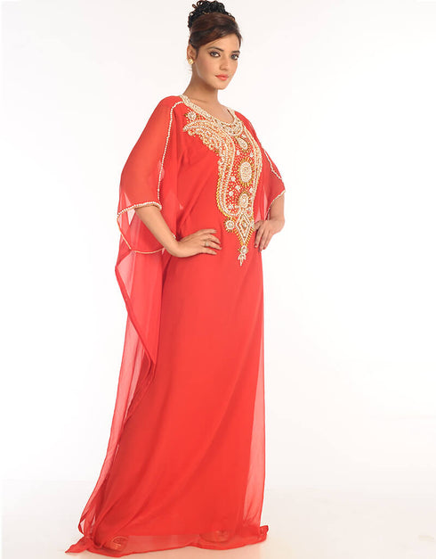 Dubai Red Georgette Hand Embroidery Party Wear Kaftan