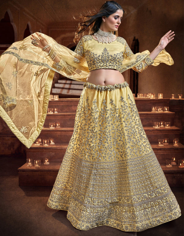 trendy yellow soft net traditional wear women's heavy lehenga choli collection with yellow soft net rt8964-185034 Front View