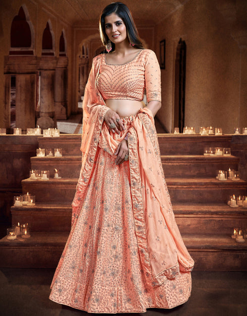 elegant peach orange georgette traditional wear women's heavy lehenga choli collection with peach orange georgette rt8964-185035 Close-up View