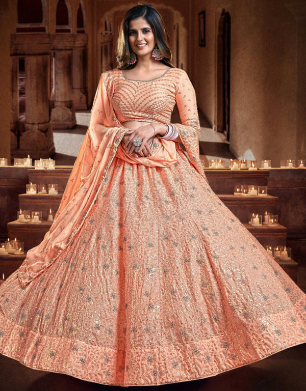 elegant peach orange georgette traditional wear women's heavy lehenga choli collection with peach orange georgette rt8964-185035 Front View