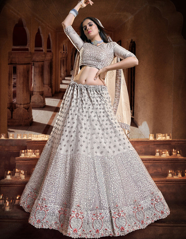 fashionable grey soft net traditional wear women's heavy lehenga choli collection with grey soft net rt8964-185036 Front View