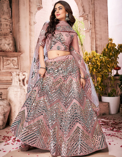 modern dark peach soft net traditional wear women's heavy lehenga choli collection with dark peach soft net rt8965-185038 Close-up View