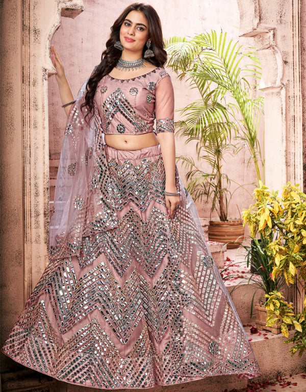 modern dark peach soft net traditional wear women's heavy lehenga choli collection with dark peach soft net rt8965-185038 Front View