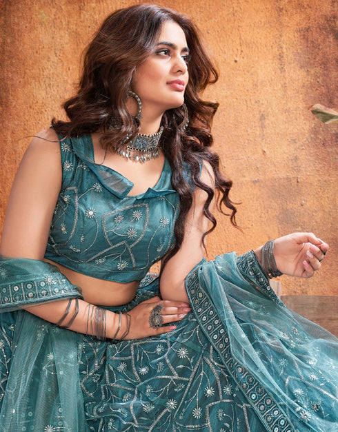 sophisticated teal soft net traditional wear women's heavy lehenga choli collection with teal soft net rt8966-185039 Back View