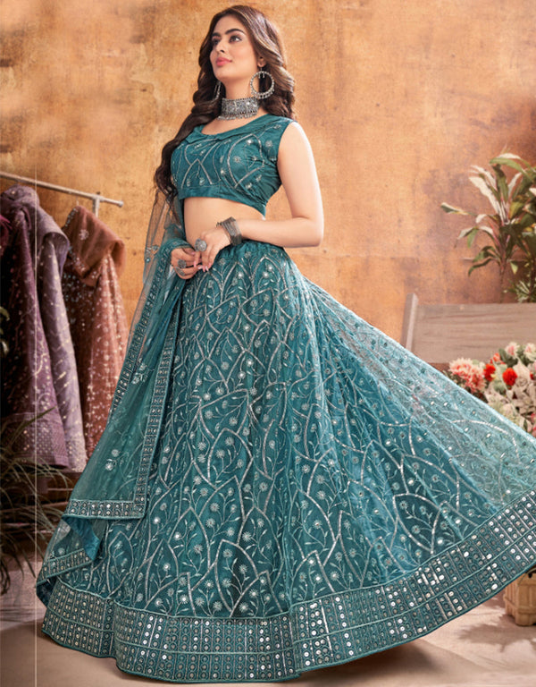 sophisticated teal soft net traditional wear women's heavy lehenga choli collection with teal soft net rt8966-185039 Front View