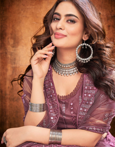 stylish dark mauve soft net traditional wear women's heavy lehenga choli collection with dark mauve soft net rt8966-185043 Front View