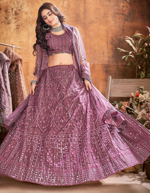 stylish dark mauve soft net traditional wear women's heavy lehenga choli collection with dark mauve soft net rt8966-185043 Front View