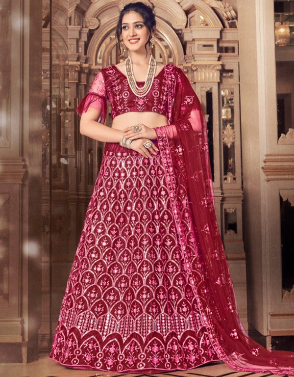 trendy purple mauve soft net traditional wear women's heavy lehenga choli collection with maroon soft net rt8967-185046 Front View