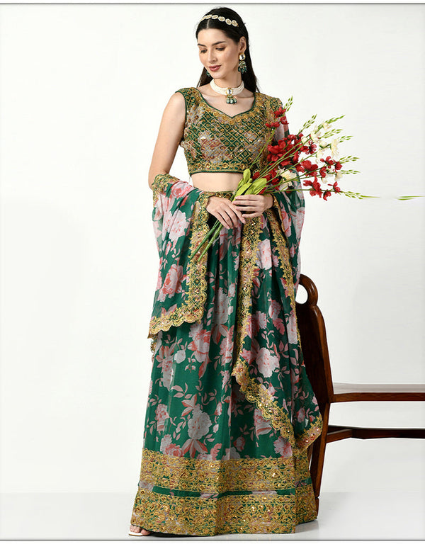 chic green faux georgette traditional wear women's heavy lehenga choli collection with green faux georgette rt8975-185072 Front View