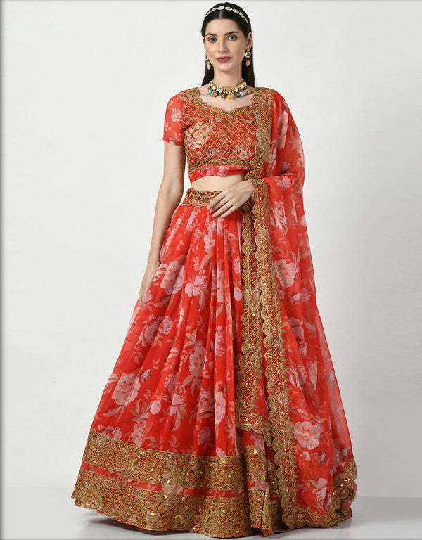 trendy orange faux georgette traditional wear women's heavy lehenga choli collection with orange faux georgette rt8975-185073 Front View