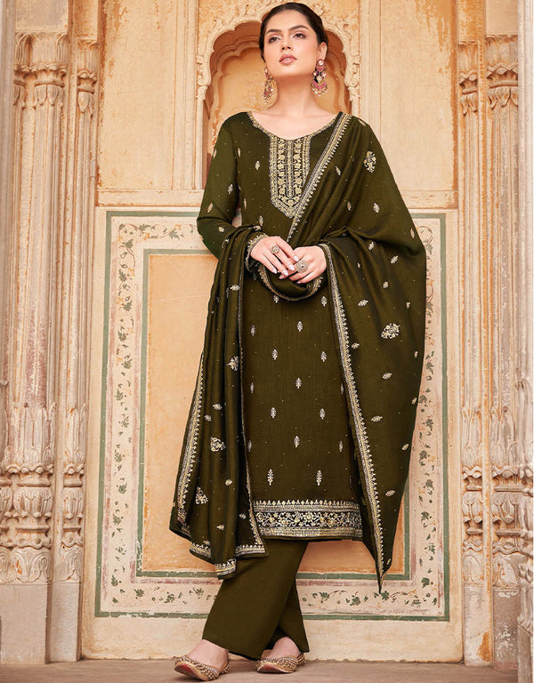 fashionable mehndi real premium silk designer party wear heavy salwar suit collection with mehndi real premium silk rt8976-185075 Front View