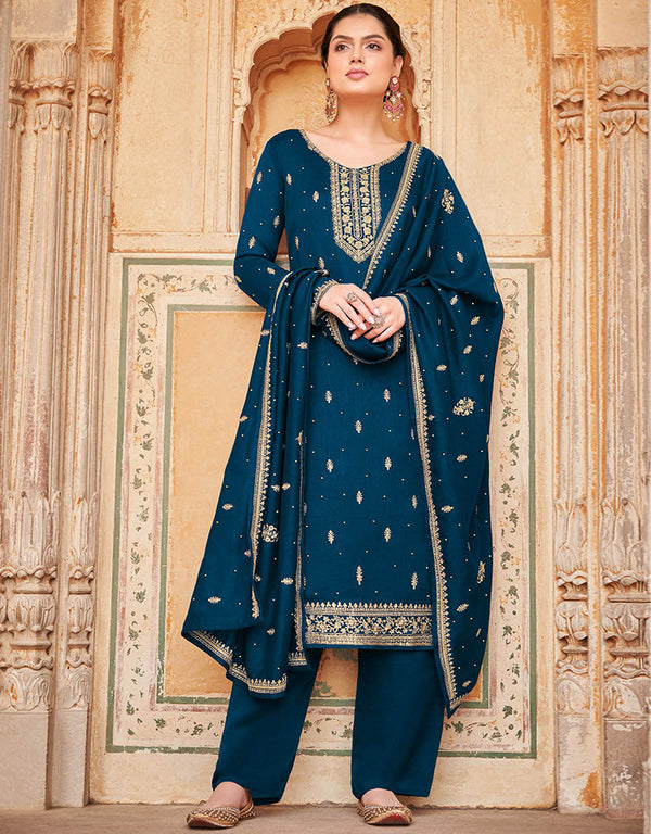 modern crystal teal real premium silk designer party wear heavy salwar suit collection with crystal teal real premium silk rt8976-185077 Front View