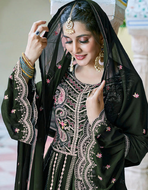 glamorous dark mehndi fox georgette designer party wear heavy salwar suit collection with dark mehndi fox georgette rt8977-185079 Close-up View