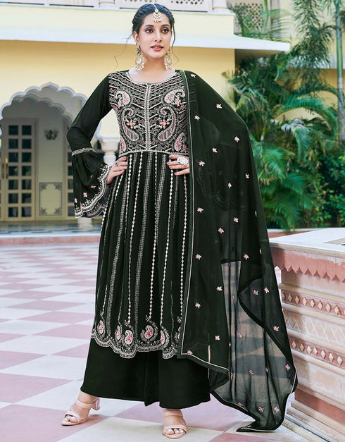 glamorous dark mehndi fox georgette designer party wear heavy salwar suit collection with dark mehndi fox georgette rt8977-185079 Front View