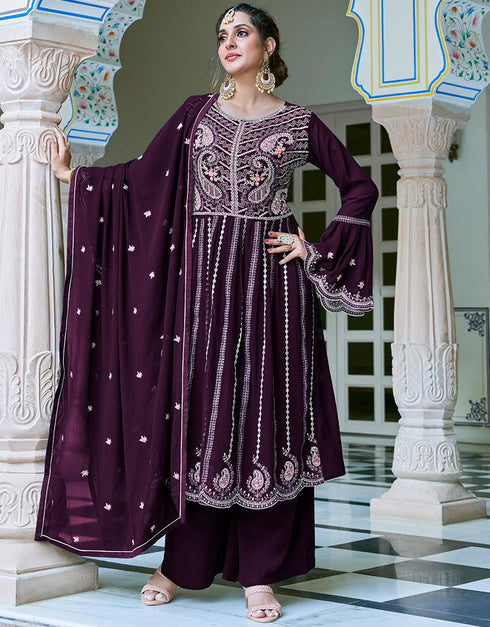 contemporary wine fox georgette designer party wear heavy salwar suit collection with wine fox georgette rt8977-185080 Front View
