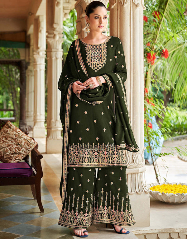 modern mehendi green real premium silk designer function wear heavy salwar suit collection with mehendi green real premium silk rt8994-185155 Front View
