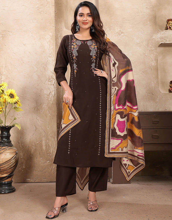 stylish brown roman silk designer function wear roman silk readymade suit with brown roman silk rt8995-185157 Front View