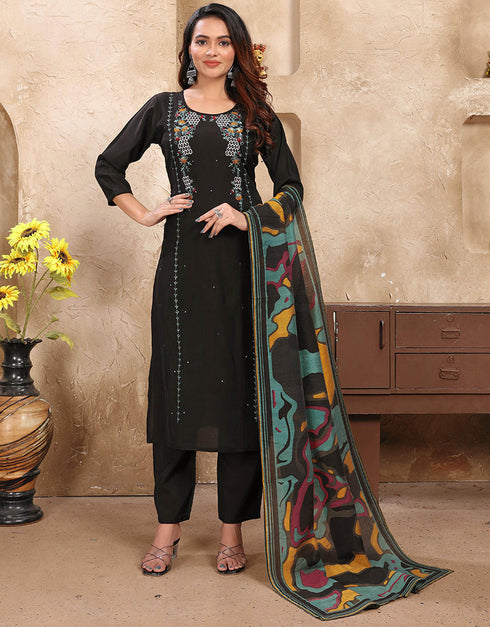 chic black roman silk designer function wear roman silk readymade suit with black roman silk rt8995-185158 Front View