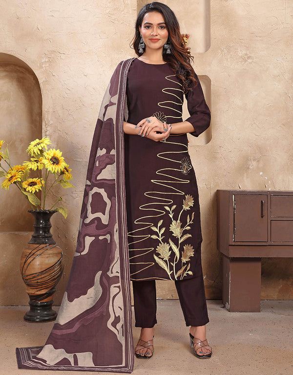 trendy wine roman silk designer function wear roman silk readymade suit with wine roman silk rt8995-185159 Front View