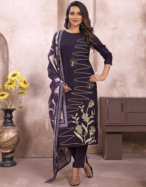 elegant navy blue roman silk designer function wear roman silk readymade suit with navy blue roman silk rt8995-185160 Front View