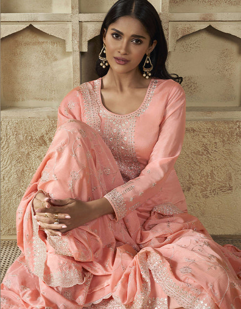 glamorous peach pink chinon designer function wear heavy salwar suit collection with peach pink santoon rt8996-185161 Back View