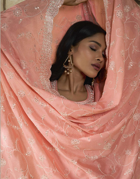 glamorous peach pink chinon designer function wear heavy salwar suit collection with peach pink santoon rt8996-185161 Front View
