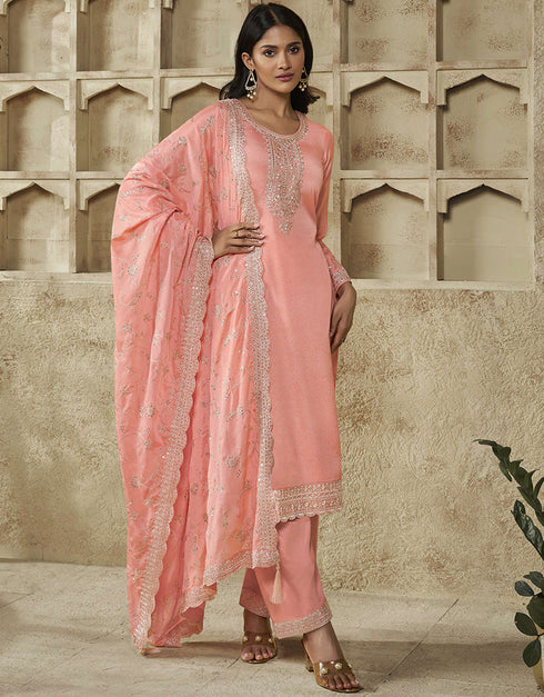glamorous peach pink chinon designer function wear heavy salwar suit collection with peach pink santoon rt8996-185161 Front View