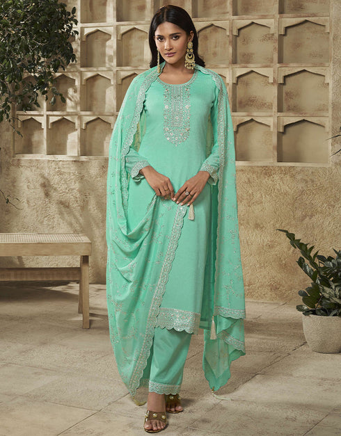 chic sky blue chinon designer function wear heavy salwar suit collection with sky blue santoon rt8996-185165 Front View