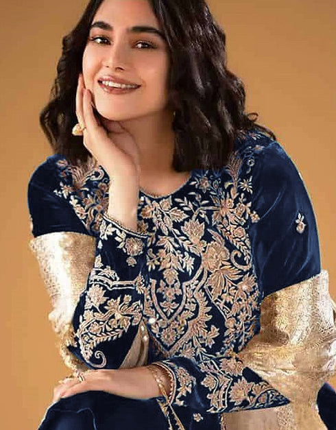 modern blue velvet embroidered velvet heavy salwar suit with blue velvet rt8999-185174 Close-up View