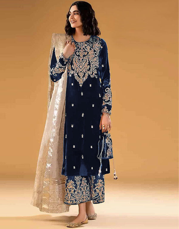 modern blue velvet embroidered velvet heavy salwar suit with blue velvet rt8999-185174 Front View