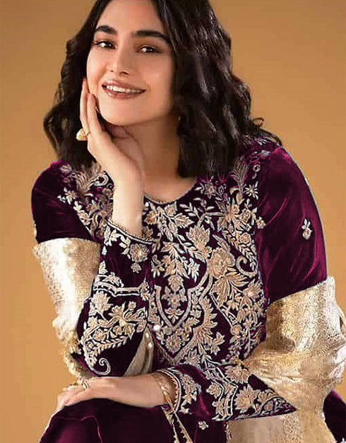 sophisticated wine velvet embroidered velvet heavy salwar suit with wine velvet rt8999-185175 Close-up View