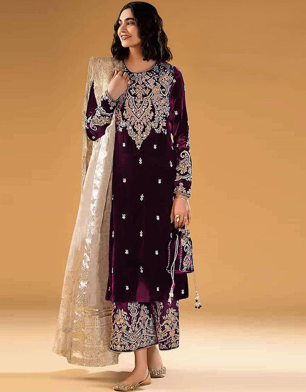 sophisticated wine velvet embroidered velvet heavy salwar suit with wine velvet rt8999-185175 Front View