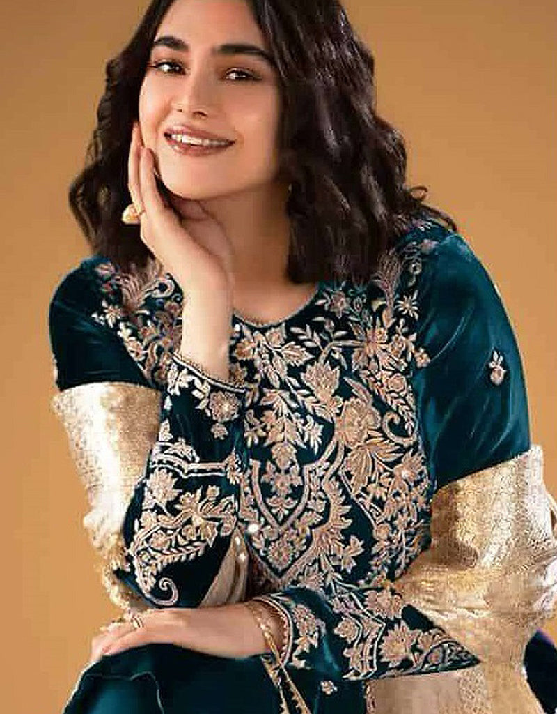 Off White Multicolor Digital Printed Embroidered Velvet Salwar Suit main image 1