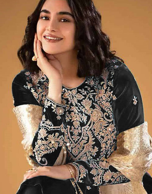 classy black velvet embroidered velvet heavy salwar suit with black velvet rt8999-185178 Close-up View