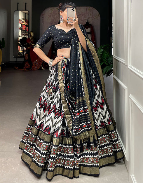 modern black tussar silk traditional wear women's heavy lehenga choli collection with black tussar silk rt9000-185179 Close-up View