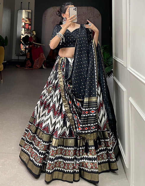modern black tussar silk traditional wear women's heavy lehenga choli collection with black tussar silk rt9000-185179 Back View
