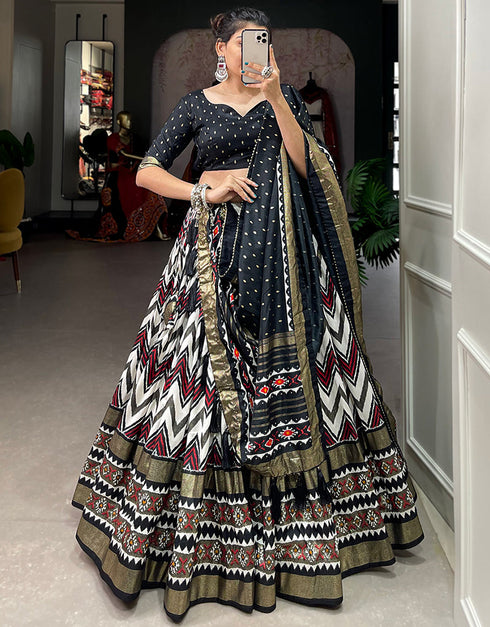 modern black tussar silk traditional wear women's heavy lehenga choli collection with black tussar silk rt9000-185179 Front View