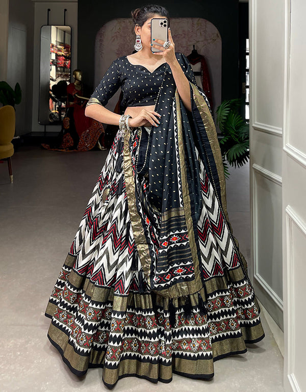 modern black tussar silk traditional wear women's heavy lehenga choli collection with black tussar silk rt9000-185179 Front View